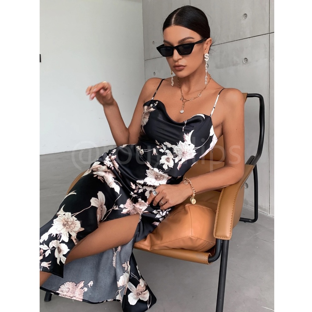 Floral Print Cowl Neckline Cami Satin Midi Dress Black  Leg Slit - Picture 2 of 8